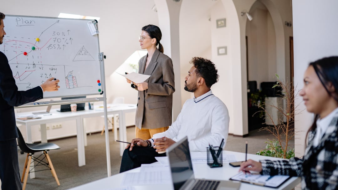 Desk, whiteboard with work team.
